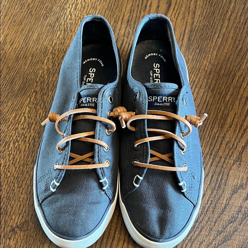 Sperry Women's Blue Canvas Flats with Tan Laces